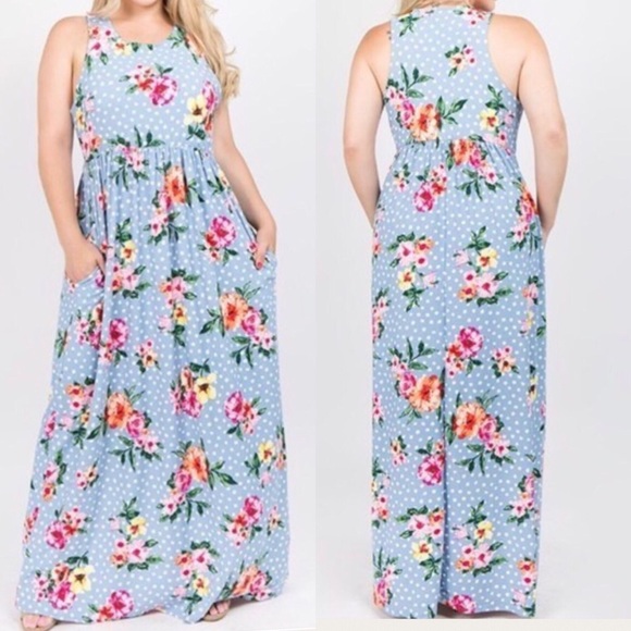 Amy Rey Dresses & Skirts - Floral Print Polka Dot Blue Maxi Dress 1X 2X 3X